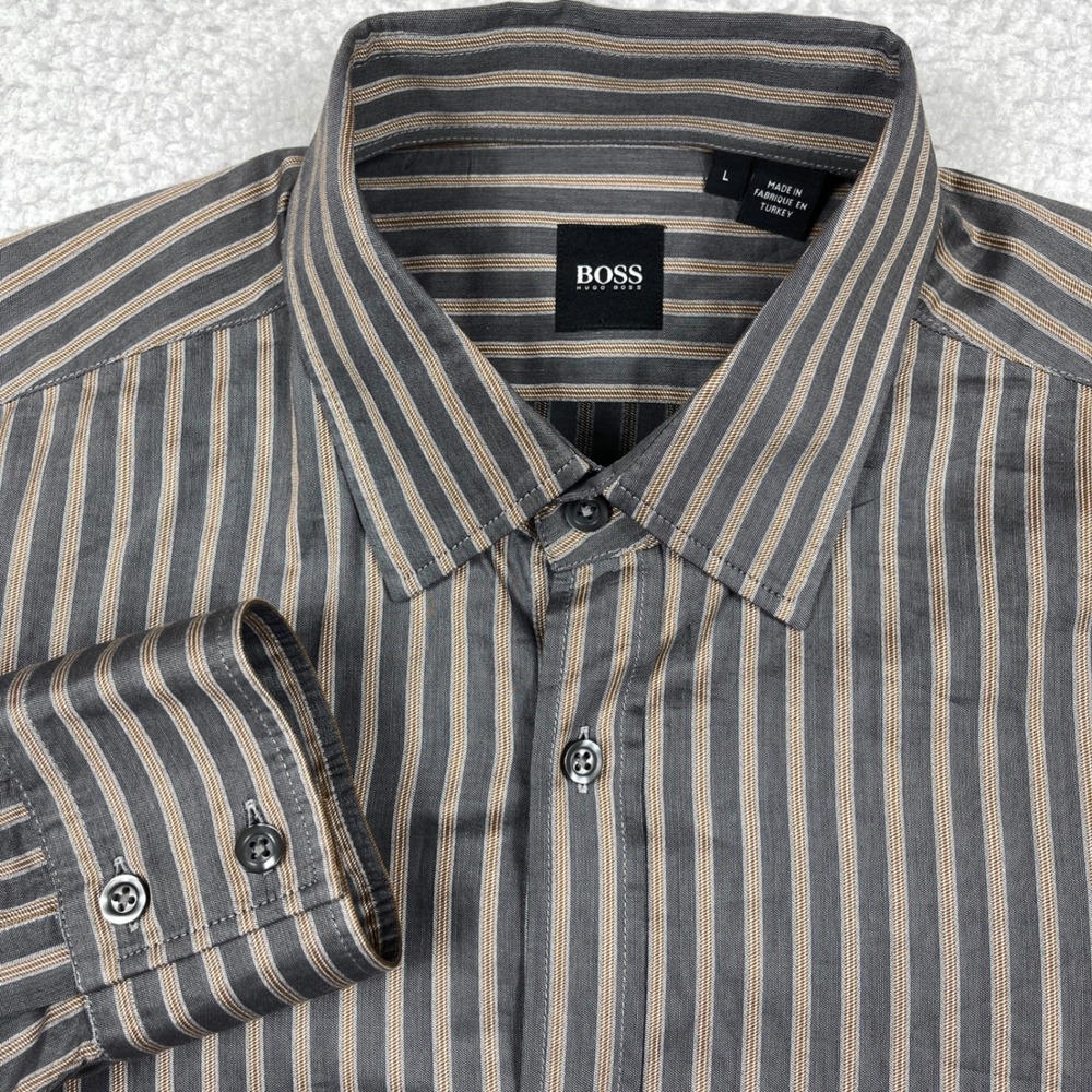 Hugo Boss Button Down Mens L Grey Striped Professional Dark Academia Corporate